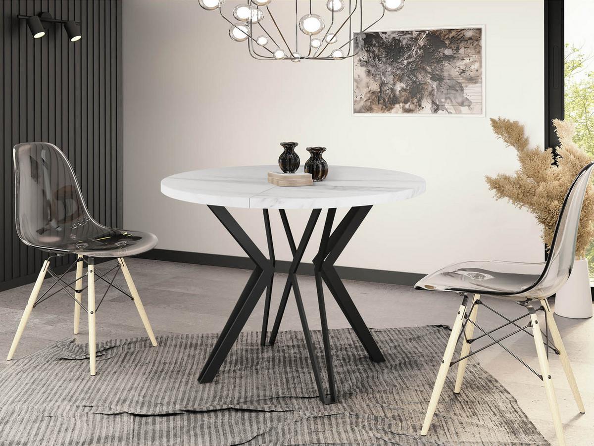 ESSTISCH Revena runder ausziehbarer, Marmor Weiß 120-200/120/76 cm - Ecru/Schwarz, Holzwerkstoff/Metall (120/200/76cm) - WFL GROUP