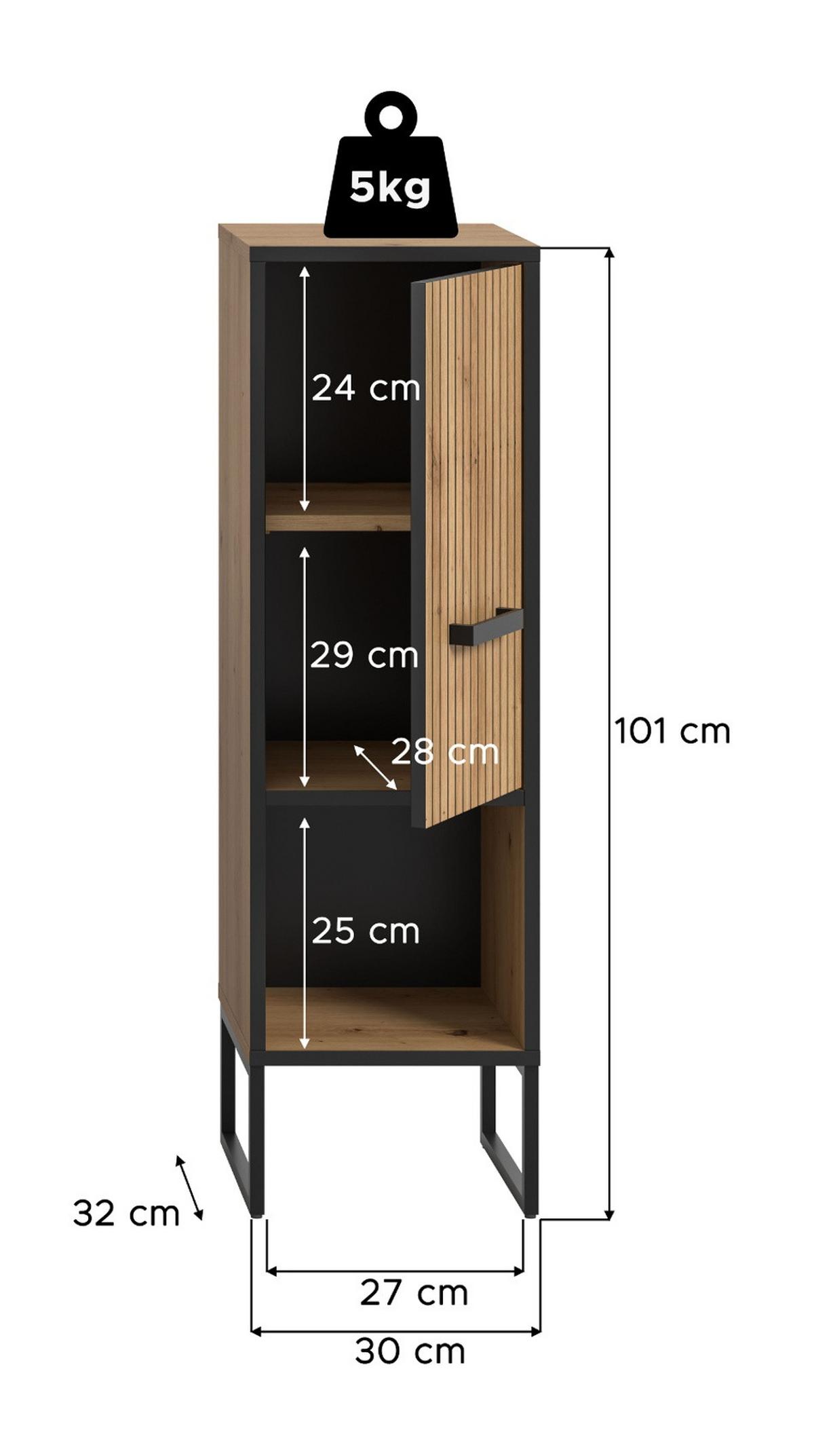 BADKOMMODE Eiche Artisan, schwarz 30 x 101 cm, Badezimmer Kommode mit Soft-Close - Schwarz/Eiche Artisan, Holzwerkstoff/Kunststoff (30/101/32cm) - Inn.Furn