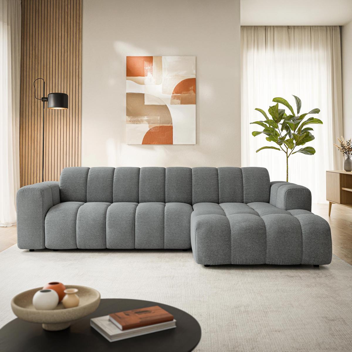 ECKSOFA SETIA Grau Strukturstoff mit Schlaffunktion - Grau, Holz (304/165cm) - MASSENO
