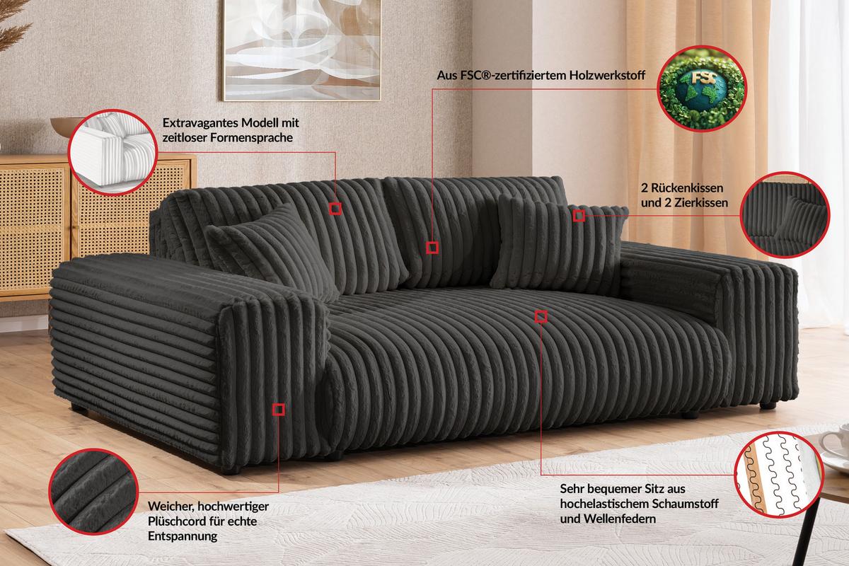 SITZGARNITUR 3+2 Mollis Dunkelgrau Plüschcord - Dunkelgrau/Schwarz, Holz/Kunststoff (213/79/108cm) - S-Style Möbel
