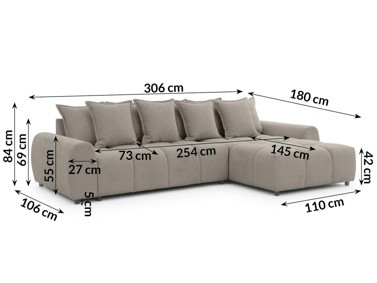 ECKSOFA Bubble mit losen Rückenkissen und Sitzfläche in Bubble-Optik aus weichem Taupe Strukturstoff mit schöner Sitzkomfort - Ottomane rechts - Taupe/Schwarz, Holz/Kunststoff (306/180cm) - S-Style Möbel