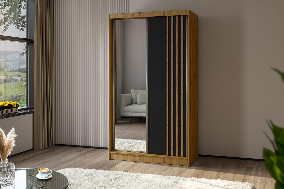 KLEIDERSCHRANK mit Spiegel-Schiebetüren und Aluminium-Leisten, LED-Beleuchtung - NALLA - 120 cm Artisan+Schwarz+Artisan - Graphitfarben/Eiche Artisan, Holzwerkstoff (120/216/61cm) - ALTDECOR