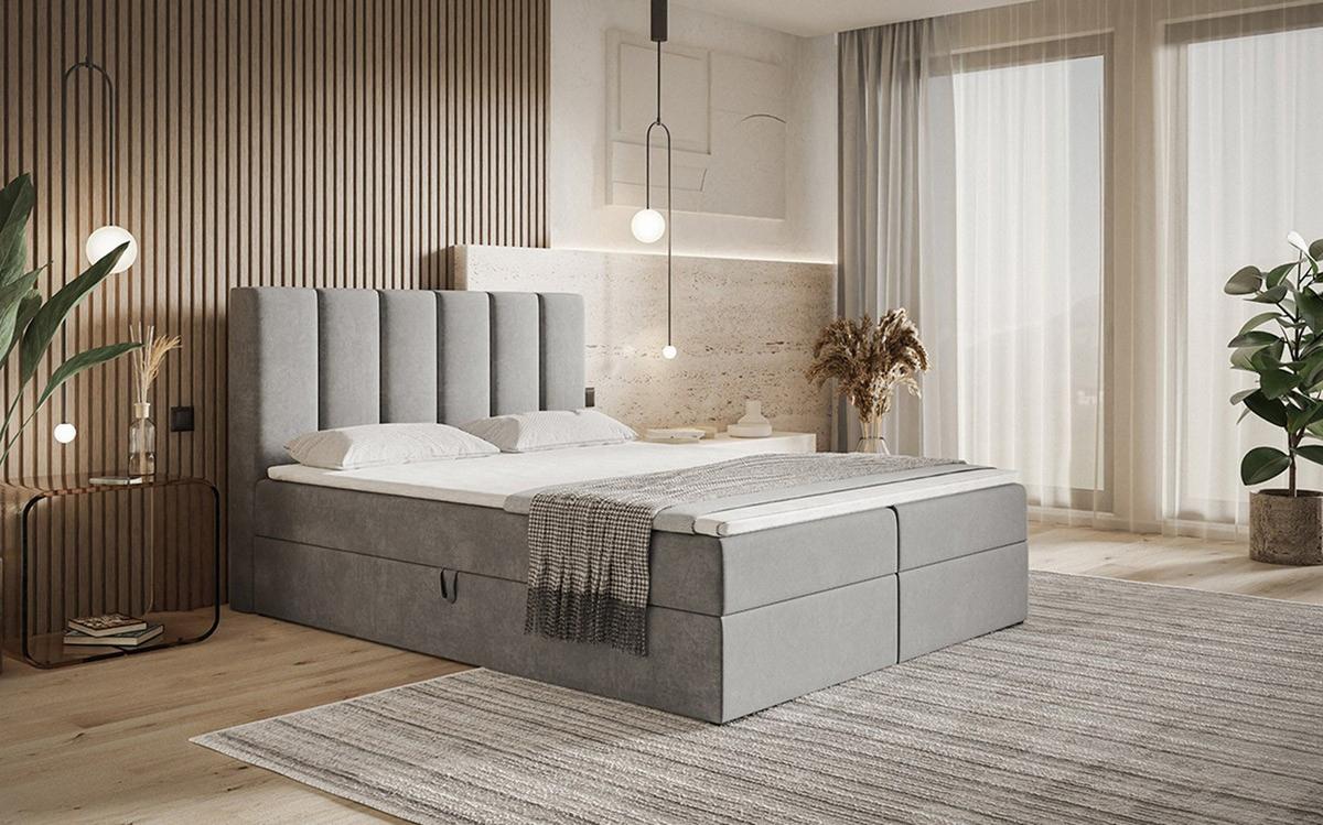 BOXBETT Bonio I 140/200 cm in Grau – mit Bettkasten und Topper - Hellgrau/Schwarz, Holz/Holzwerkstoff (140/200cm) - AX Living