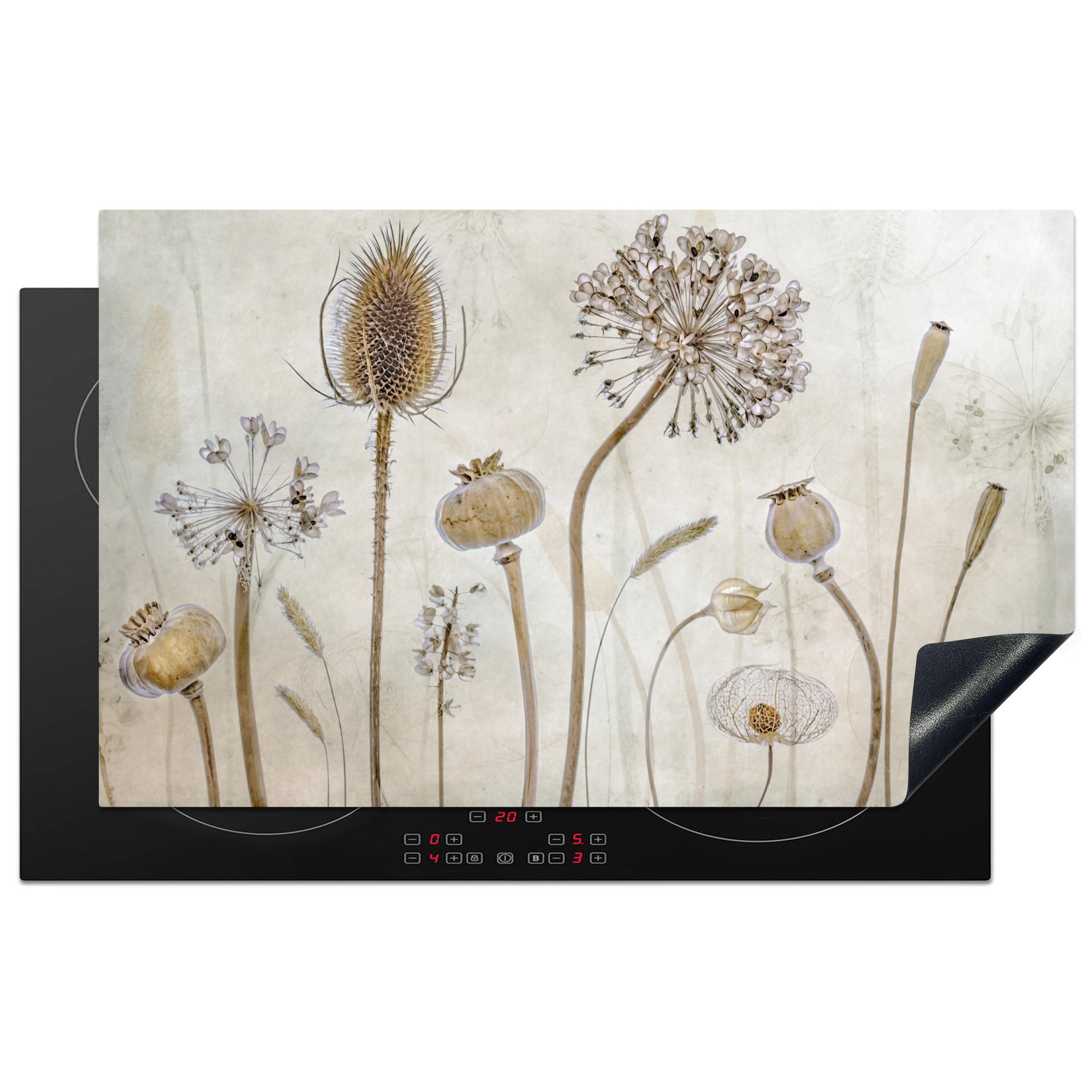 HERDABDECKPLATTE Blumen - Aquarell - Stilleben - Braun - Vintage Ceranfeldabdeckung 85x52 cm - Sandfarben, Kunststoff (85/52/0.2cm) - MuchoWow