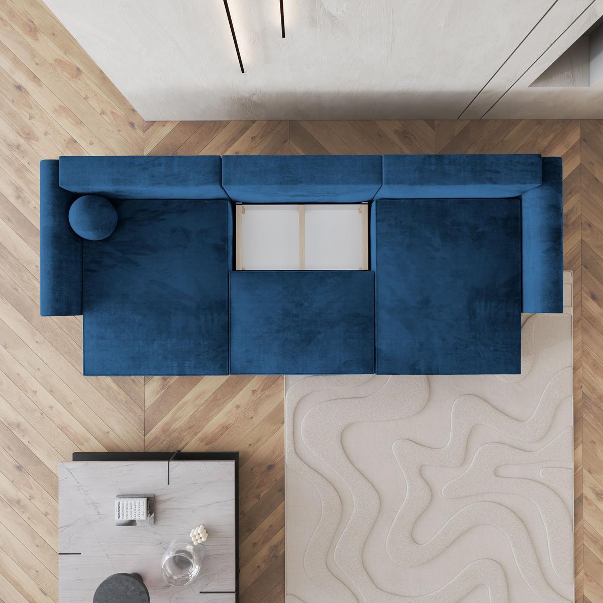 WOHNLANDSCHAFT FENTO M Blau Velours-Stoff mit Schlaffunktion - Blau/Grau, Holz/Kunststoff (347/90/148cm) - MASSENO