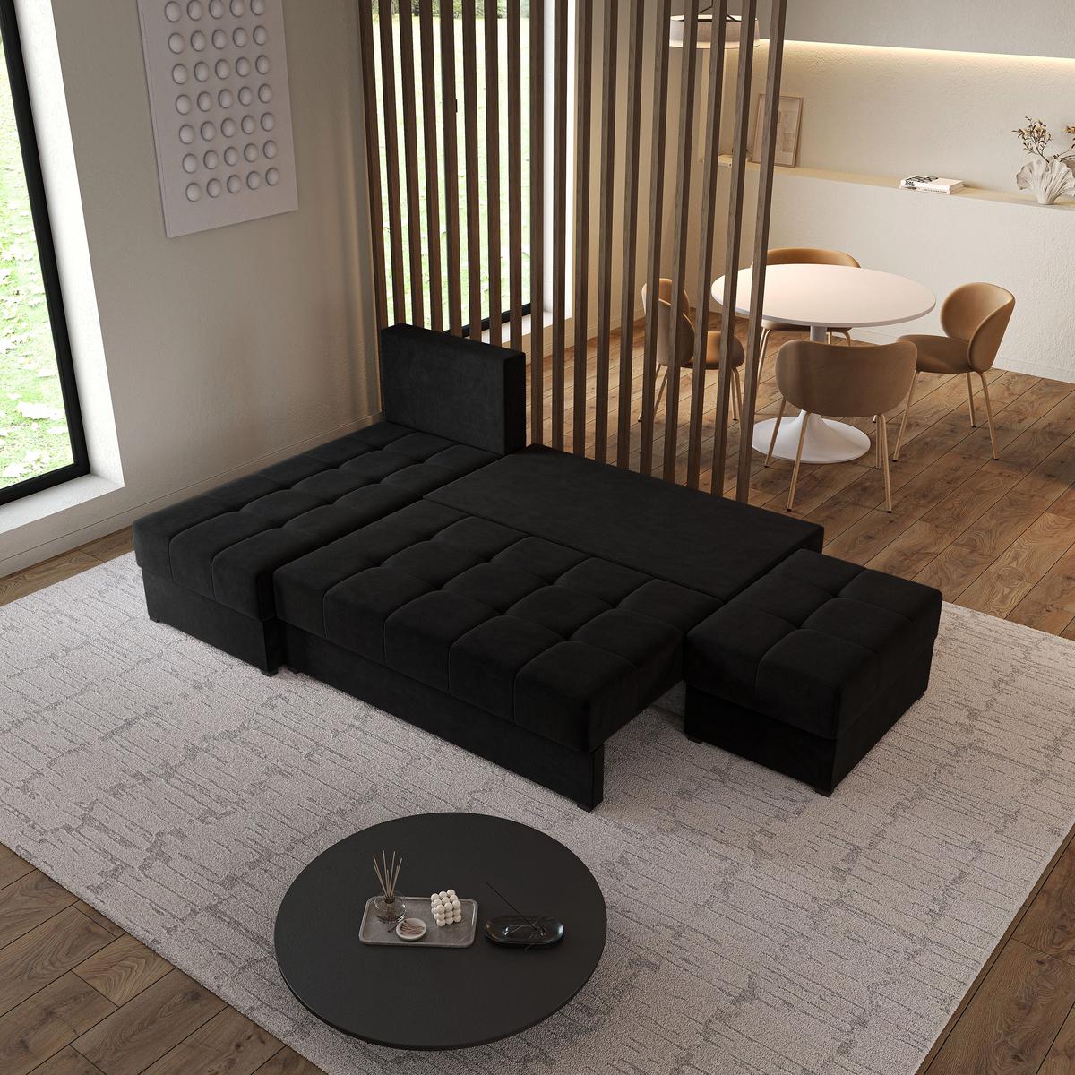 ECKSOFA NORVI Schwarz Plüsch-Stoff mit Schlaffunktion - Schwarz, Holz (251/143cm) - MASSENO