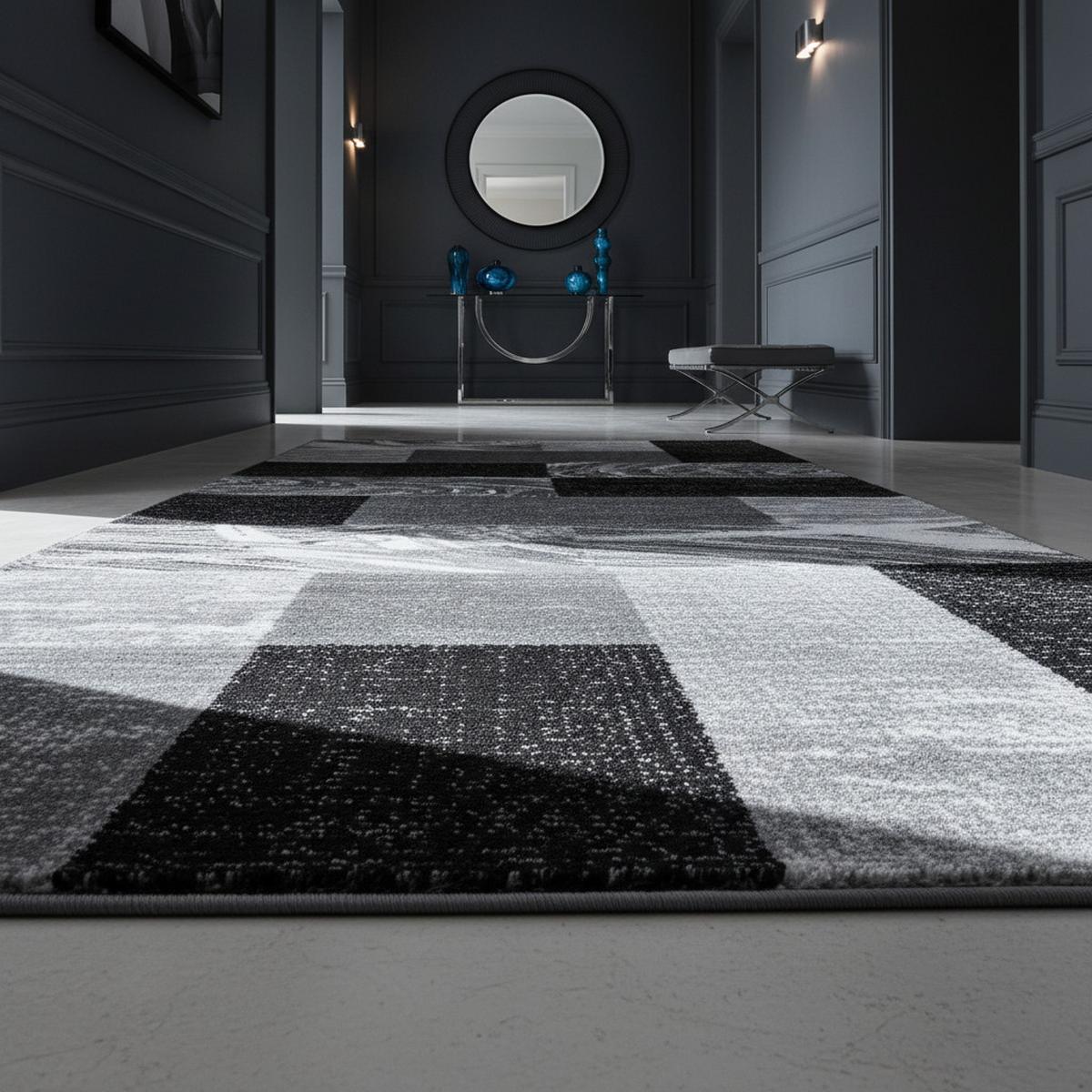 TEPPICH Kurzflor DRAU in Schwarz, abstrakt kariert, 80 x 300 cm - Schwarz, Textil (300/80cm) - KADIMA DESIGN