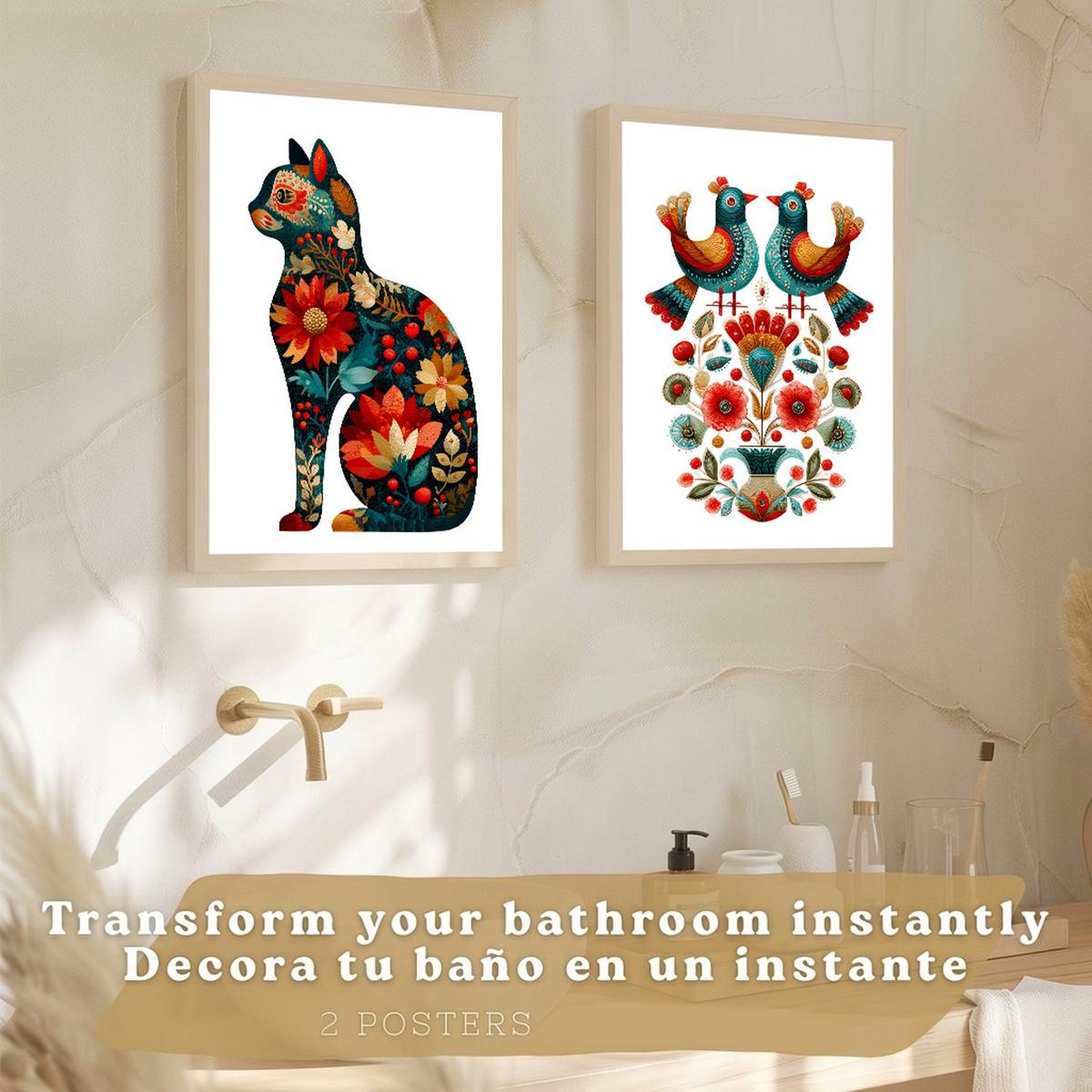 POSTER 2er-Set dekorative Badezimmer-Kunstdrucke, im Stil der Volkskunst für Wand, Toilette mit Vögeln und elegantem Blumen-Katzen Rahmenlos A3 - Klar, Papier (42/29.7/3cm) - Nacnic