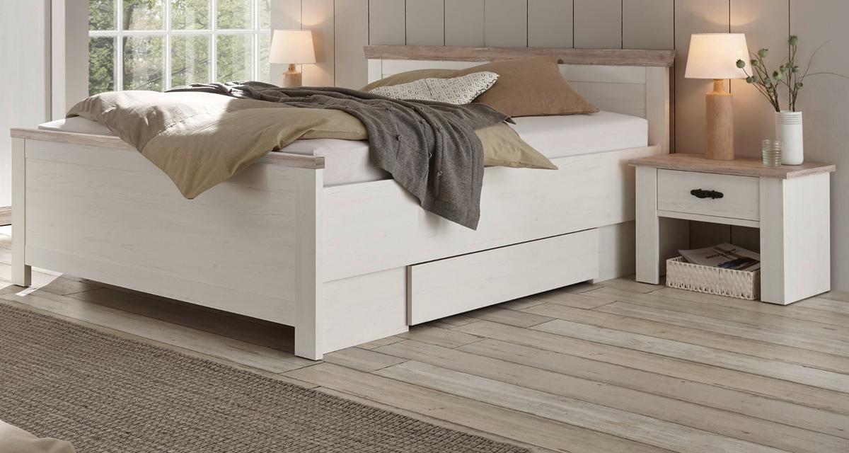 BETT Pinie weiß, Oslo Pinie Landhaus, Einzelbett Liegefläche 140 x 200 cm - Weiß/Pinienfarben, Holz/Holzwerkstoff (140/200cm) - Furn.Design