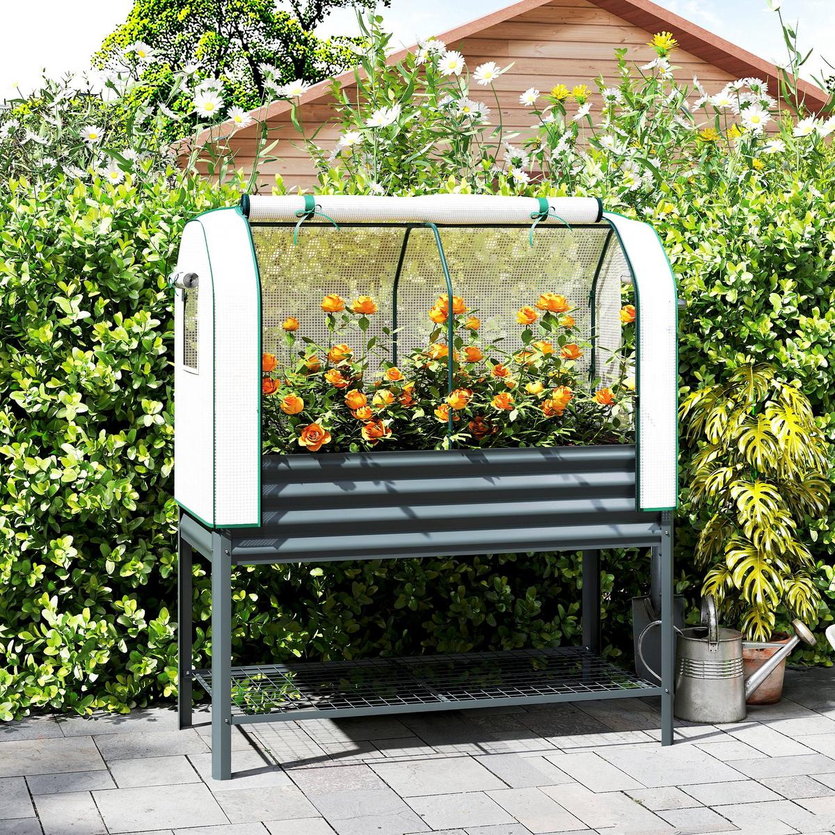 HOCHBEET mit Gewächshausabdeckung Dunkelgrau - Dunkelgrau, Metall (55/140/120cm) - Outsunny