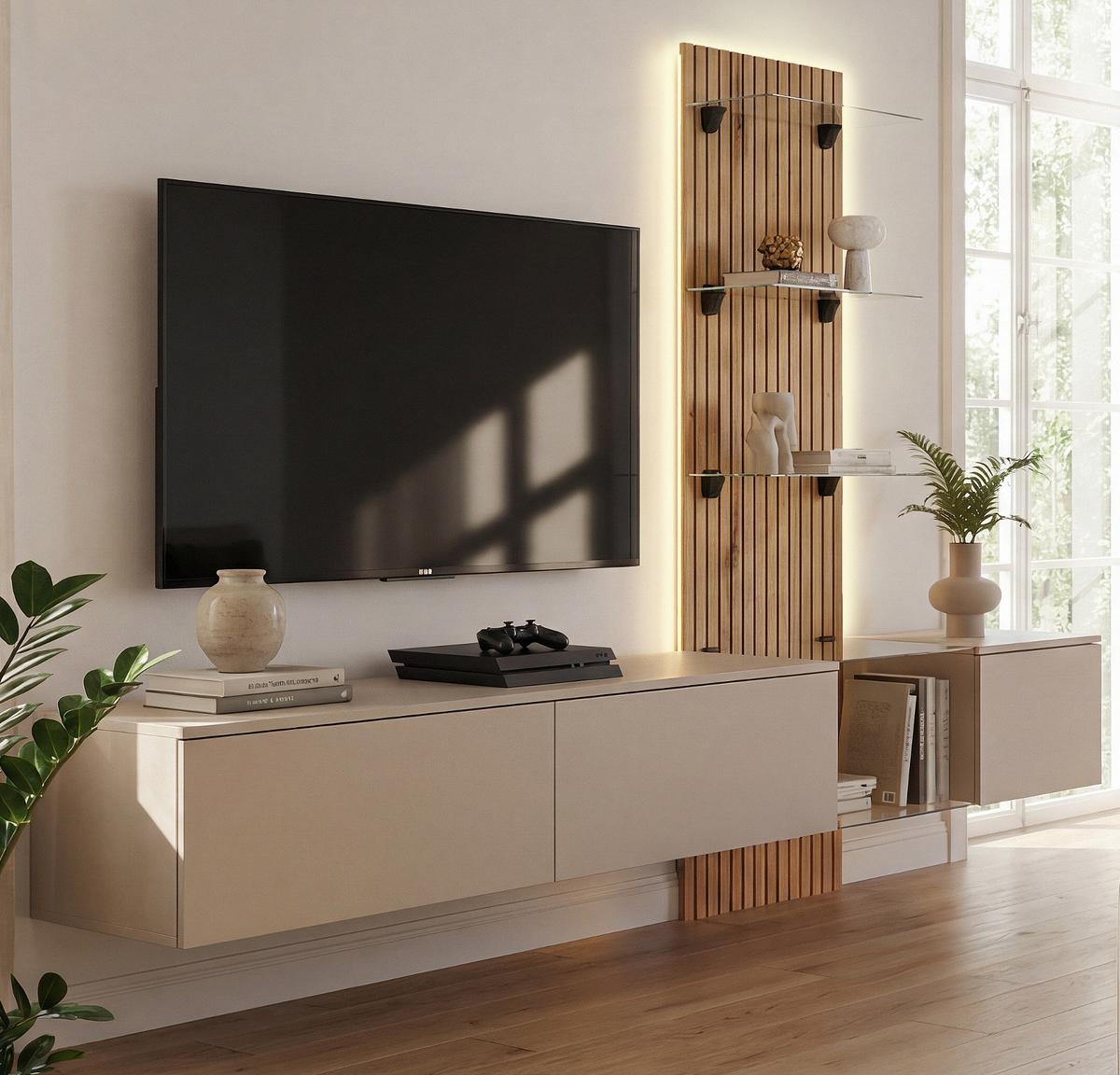 WOHNWAND Grau Lehm, Evoke Eiche 220 cm hängend, Schrankwand mit LED und Push-to-Open - Eichefarben/Hellgrau, Glas/Holzwerkstoff (220/150/40cm) - Inn.Furn