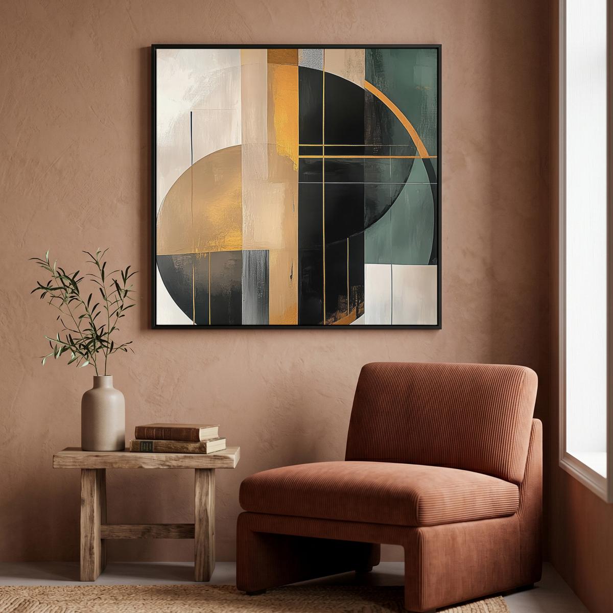 LEINWAND Bilder mit Rahmen - Abstrakt - Gold - Bronze - Grün - Formen - Modern - 90x90 - Multicolor, Textil (90/90cm) - MuchoWow