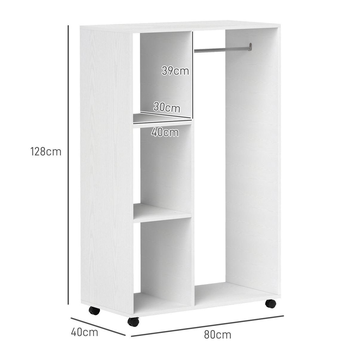KLEIDERSCHRANK-AUF-ROLLEN Spanplatte Aluminiumlegierung Weiß - Weiß, Holz (40/128/80cm) - HOMCOM