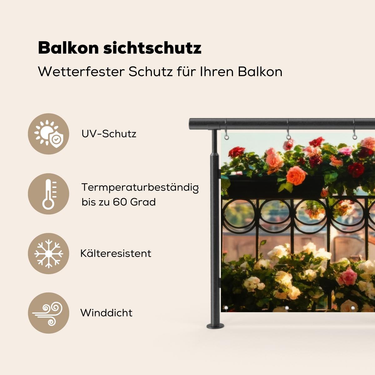 BALKON-SICHTSCHUTZ Blumen - Zaun - Stadtbild - Sommer Windschutz 300x95 cm - Pink, Kunststoff (300/95cm) - MuchoWow