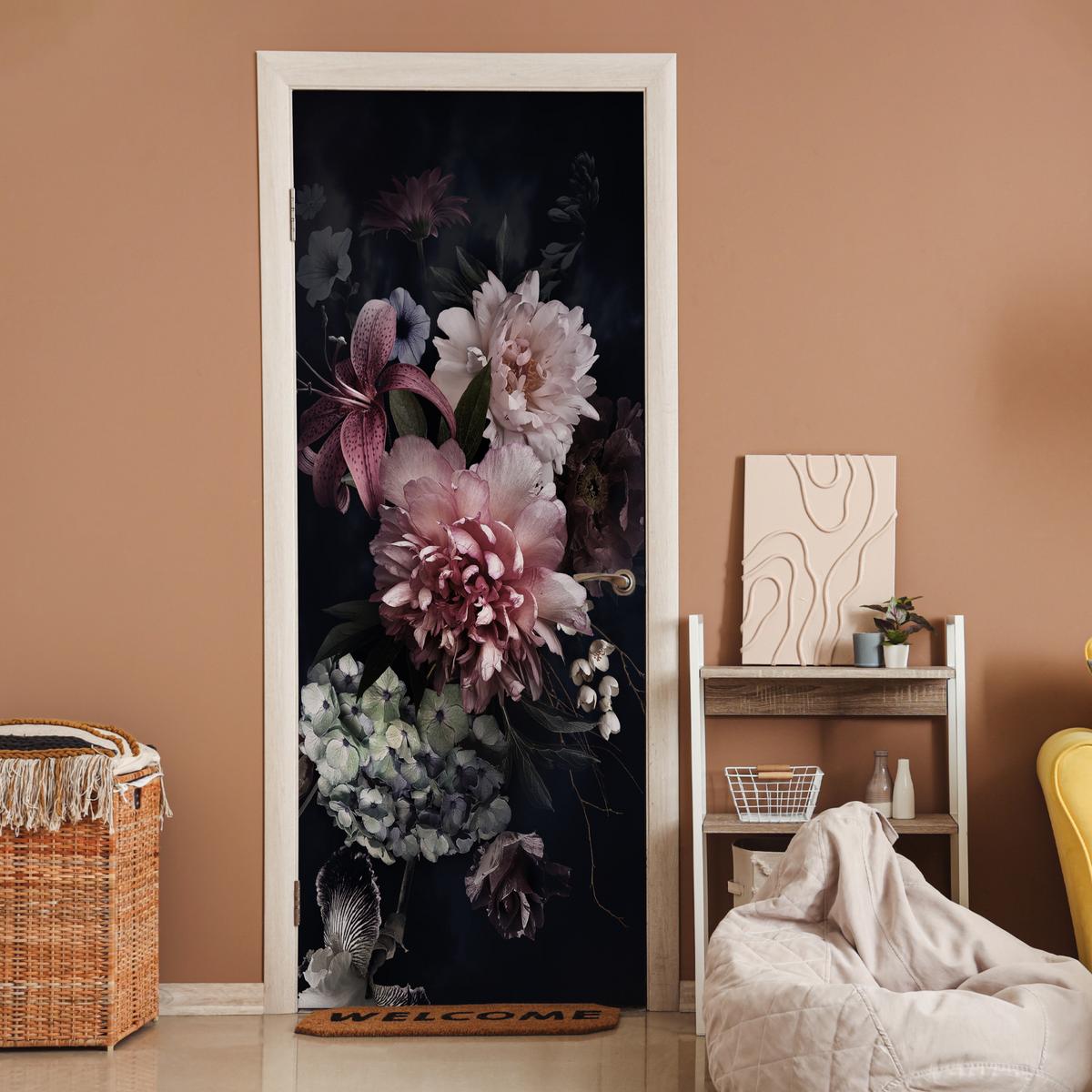TÜRAUFKLEBER Blumen - Vintage - Pastell - Rosa - Weiß 90x235 cm - Türtapete - Altrosa, Kunststoff (90/0.1cm) - MuchoWow