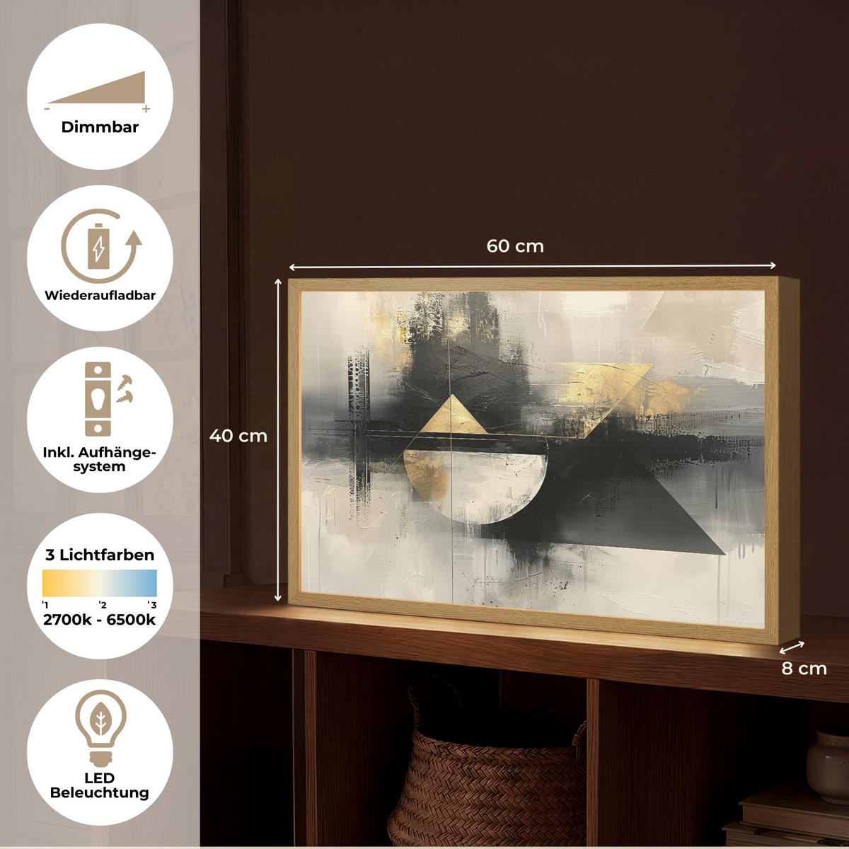 WANDLEUCHTE MIT AKKU Abstrakt - Schwarz - Farbe - Modern 60x40 cm - Grau, Holzwerkstoff (60/40/8cm) - OnlyWow