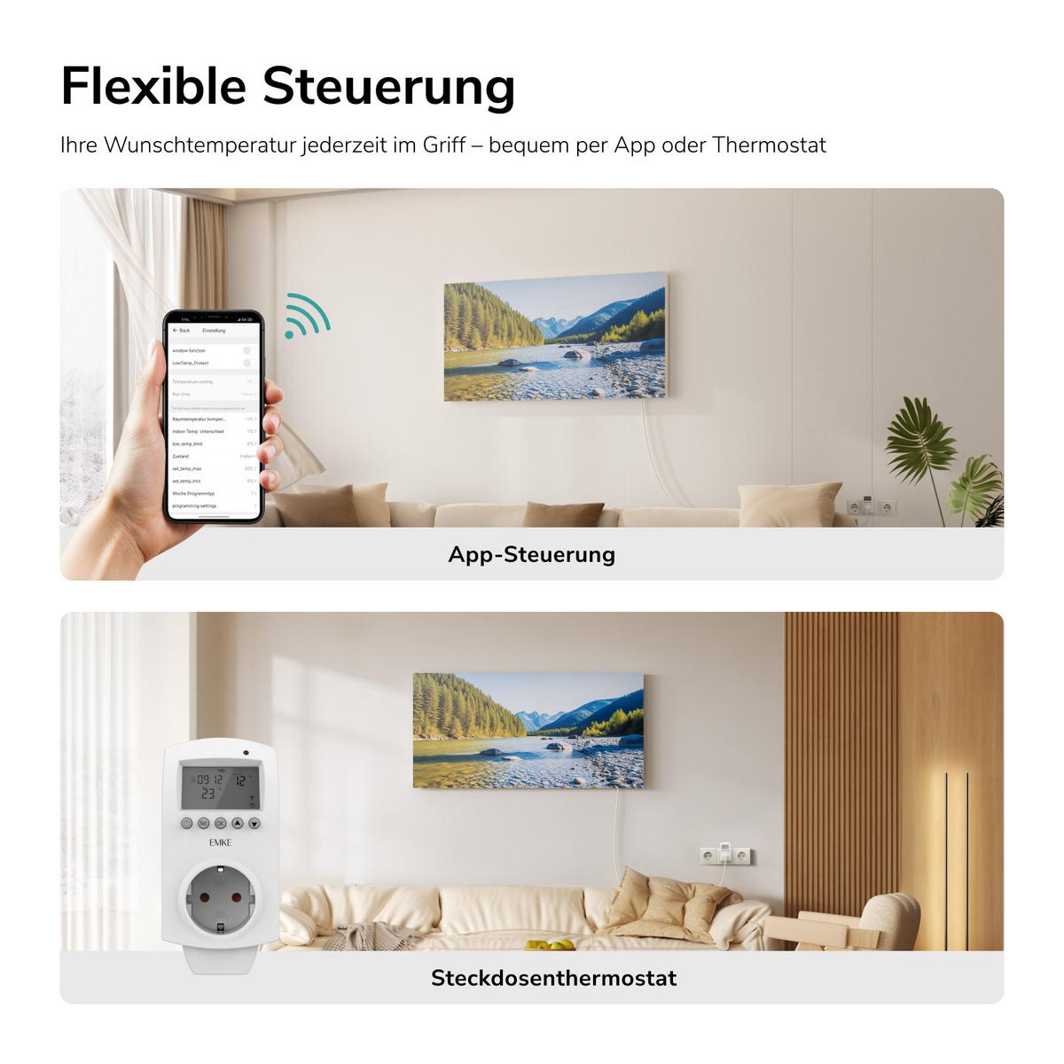 WANDKONVEKTOR Elektrisch mit modernem Landschaftsmotiv, WLAN App Steuerung, Thermostat, 119,5/59,5/1,8 cm - Weiß, Kunststoff/Metall (119.5/59.5/1.8cm) - EMKE