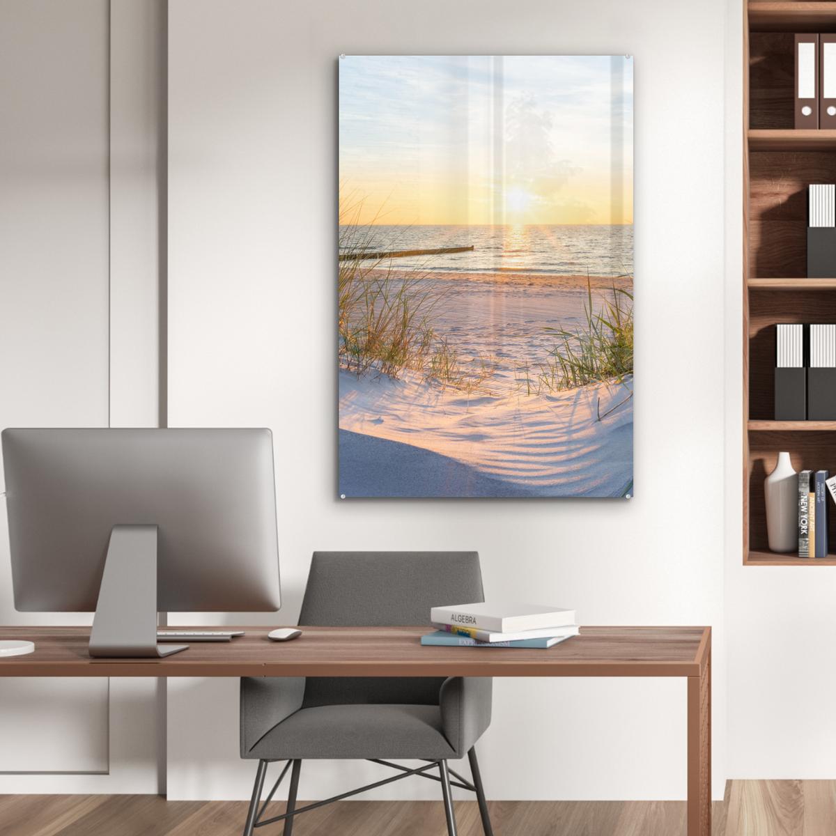 ACRYLGLASBILD Strand - Sonne - Düne - Gras - Sand - Horizont 80x120 cm - Hellblau, Glas (80/120cm) - MuchoWow