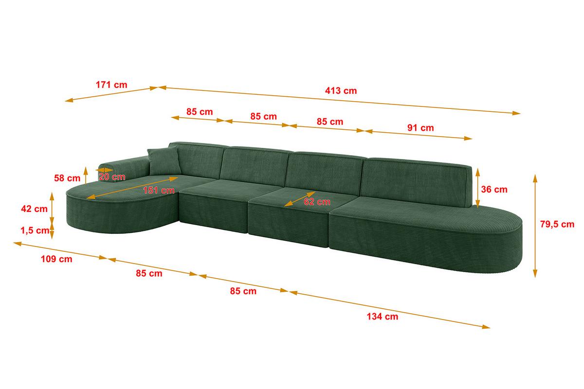 ECKSOFA Ottomane Links MARI-L3 - 413x171x79 cm Grün Cord - Schwarz/Grün, Holzwerkstoff/Kunststoff (165/406cm) - ALTDECOR