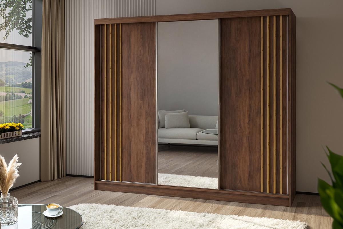 SCHWEBETÜRENSCHRANK NELVIA 240/216/61 cm Modern Kleiderschrank 3-türig mit Spiegel Nussbaumfarben - Nussbaumfarben, Holzwerkstoff (240/216/61cm) - MASSENO