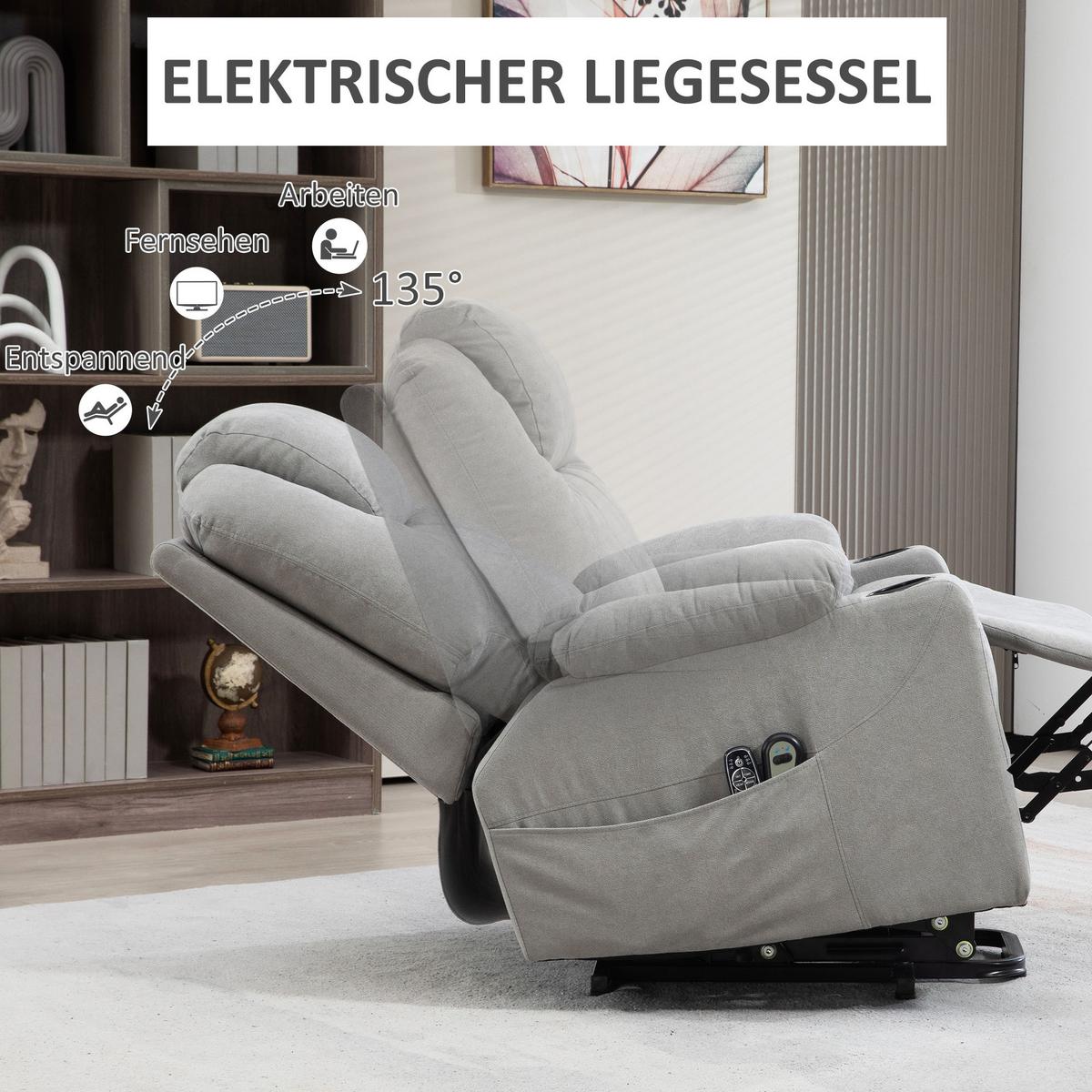 FERNSEHSESSEL mit Aufstehhilfe, Hellgrau - Hellgrau/Schwarz, Textil/Metall (90/107/101cm) - HOMCOM