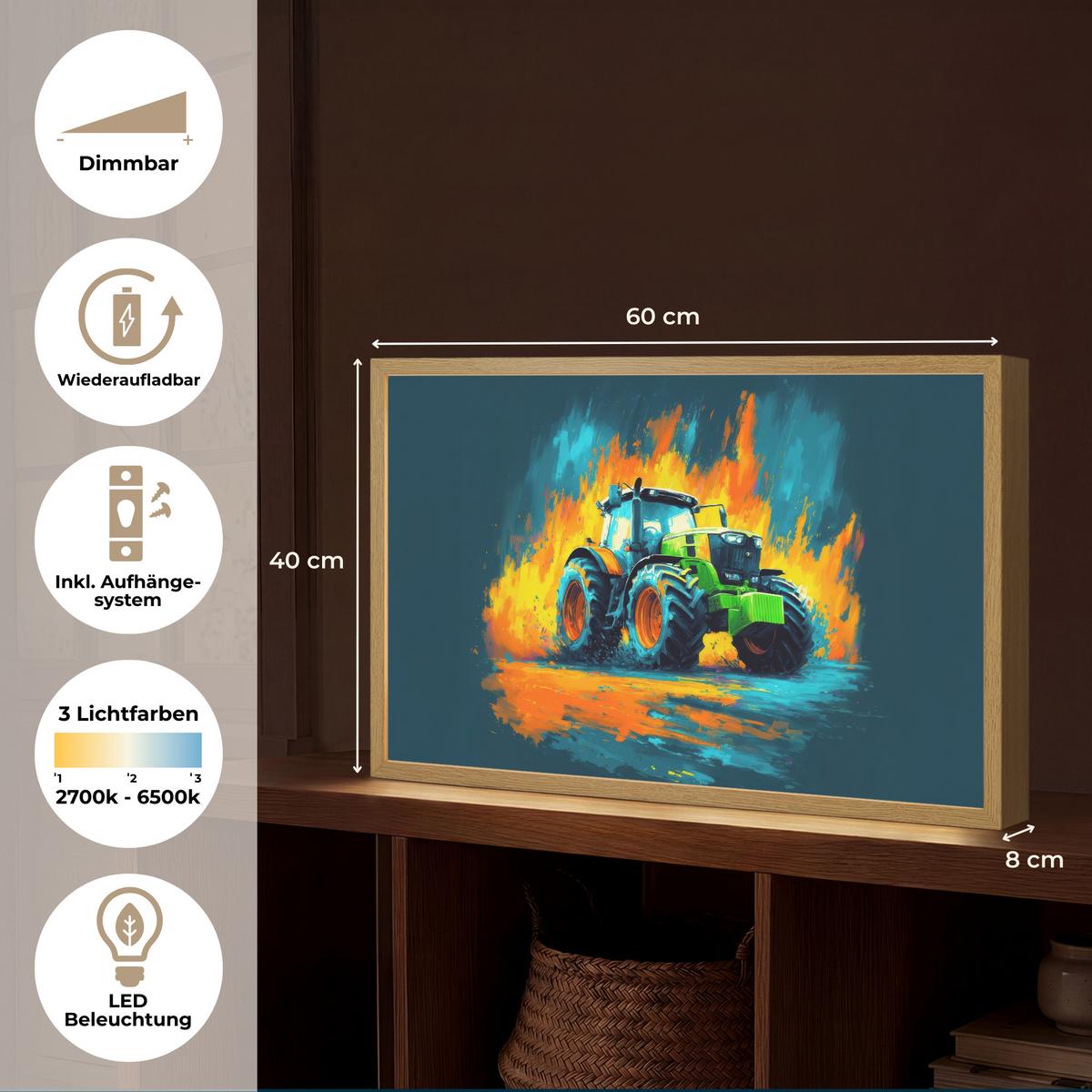 NACHTTISCHLAMPE MIT AKKU Abstrakt - Traktor - Grün 60x40 cm - Dunkelblau, Holzwerkstoff (8/60/40cm) - OnlyWow