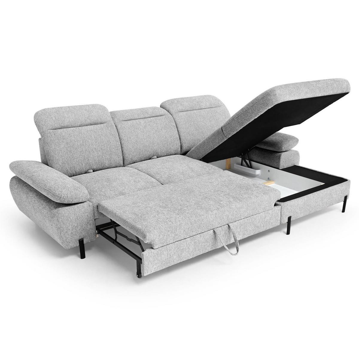 ECKSCHLAFSOFA Sora Mini mit verstellbaren Kopfstützen und Schlaffunktion, Chenille-Stoff, Hellgrau, Rechts - Hellgrau/Schwarz, Textil (190/285cm) - Beautysofa