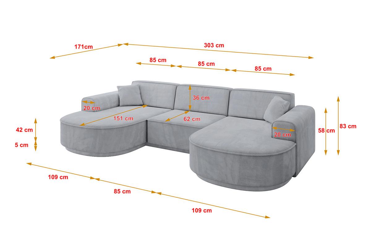 WOHNLANDSCHAFT MARI-U1-v3 - 303x171x83 cm Grau Velours - Schwarz/Grau, Holzwerkstoff/Kunststoff (303/83/171cm) - ALTDECOR