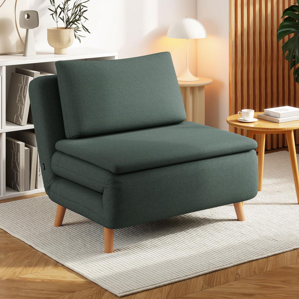 SCHLAFSESSEL 3-in-1 Sessel Bett-Funktion, verstellbare Rückenlehne - Dunkelgrün/Buchefarben, Buchenholz/Textil (90/80/95cm) - HOMCOM