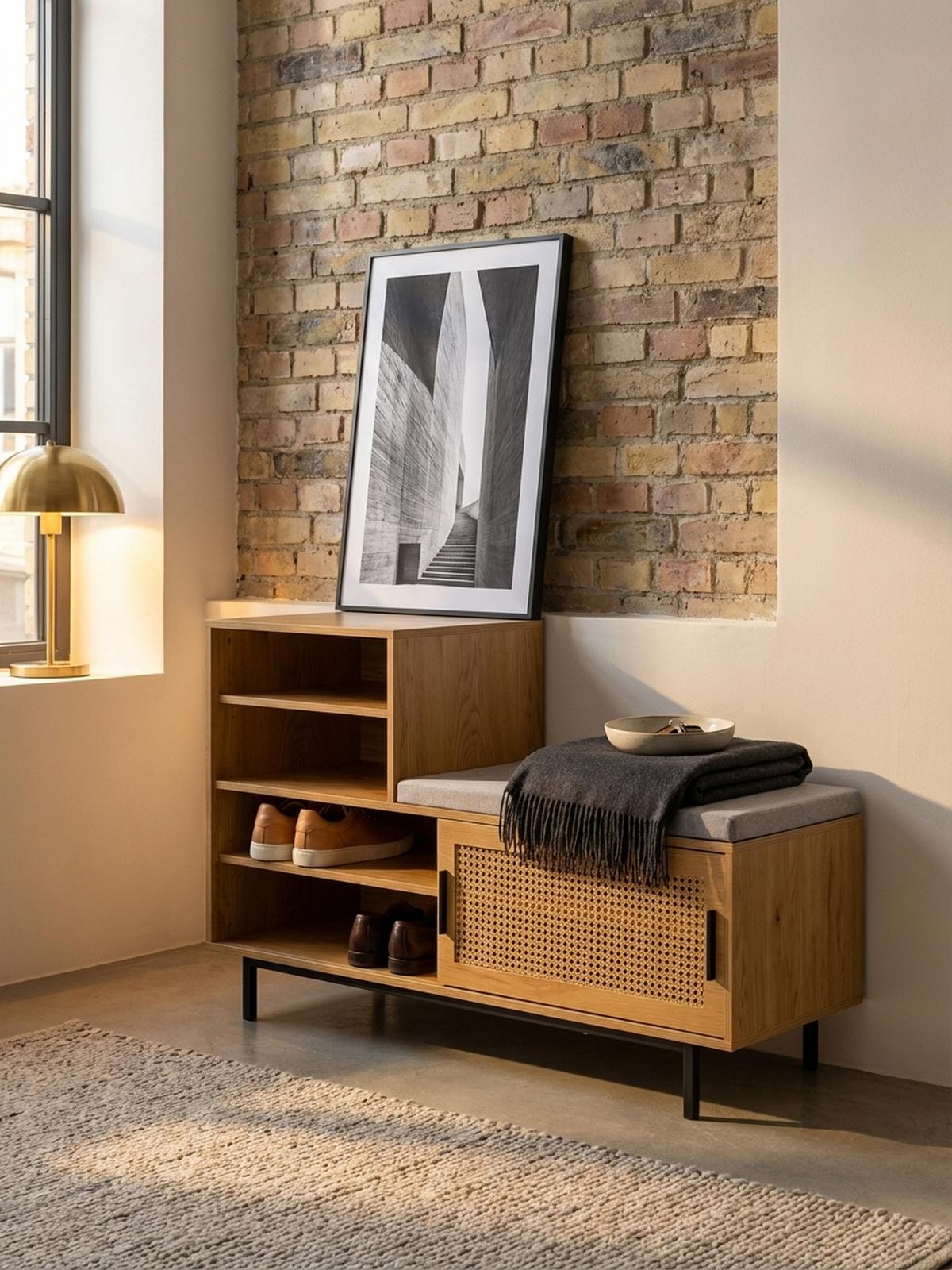 SCHUHBANK – Eiche-Dekor, 120x75,5x40 cm, Rattan-Elemente, Sitzbank gepolstert - Schwarz/Braun, Textil/Metall (120/76/40cm) - KADIMA DESIGN