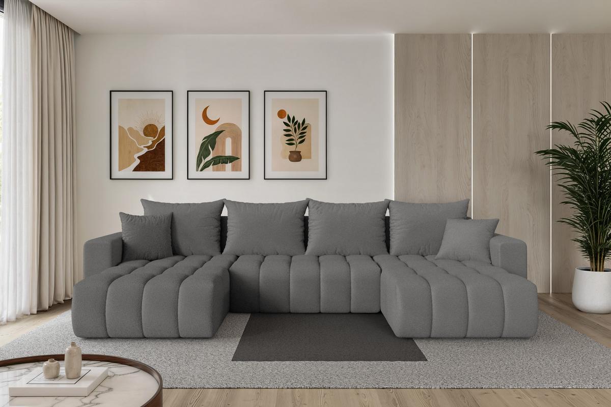 WOHNLANDSCHAFT mit Schlaffunktion und Bettkasten MILA-U-v1 378x194x86 Grau Bouclé - Schieferfarben/Schwarz, Holzwerkstoff/Kunststoff (378/86/194cm) - ALTDECOR