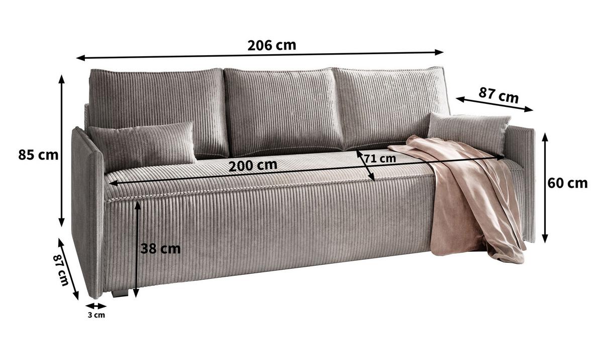 BETTSOFA MESTOR Graphitfarben Kordstoff mit Schlaffunktion - Graphitfarben, Textil (206/83/87cm) - MASSENO