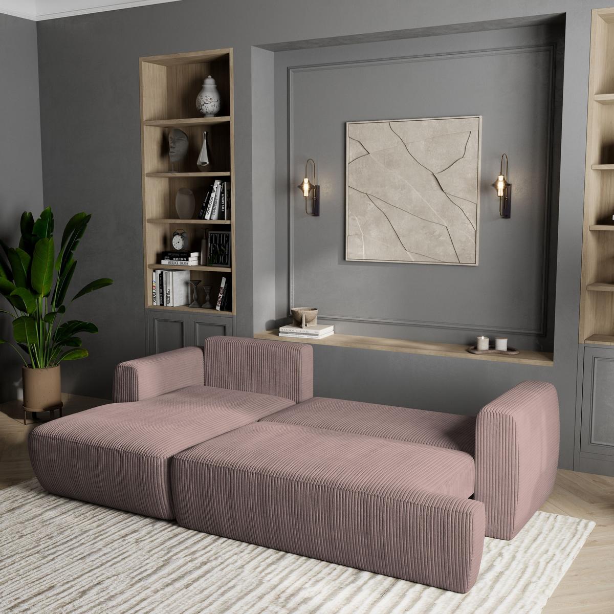 ECKSOFA SENTI P L-S Lila Kordstoff mit Schlaffunktion - Lila/Schwarz, Holz/Kunststoff (246/148cm) - MASSENO