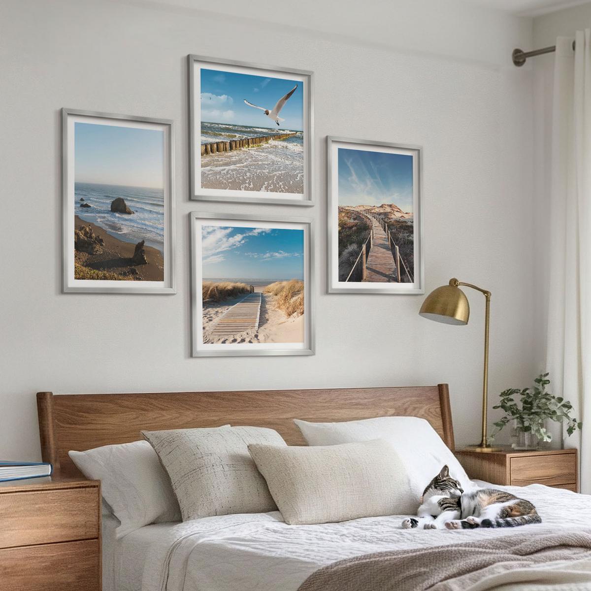 BILDER SET 4er Set - 50x50 cm & 40x60 cm Silberner Rahmen - Strandwellen, Himmelsbrücke, Spaziergang - Silberfarben, Kunststoff (50/50cm) - TULUP