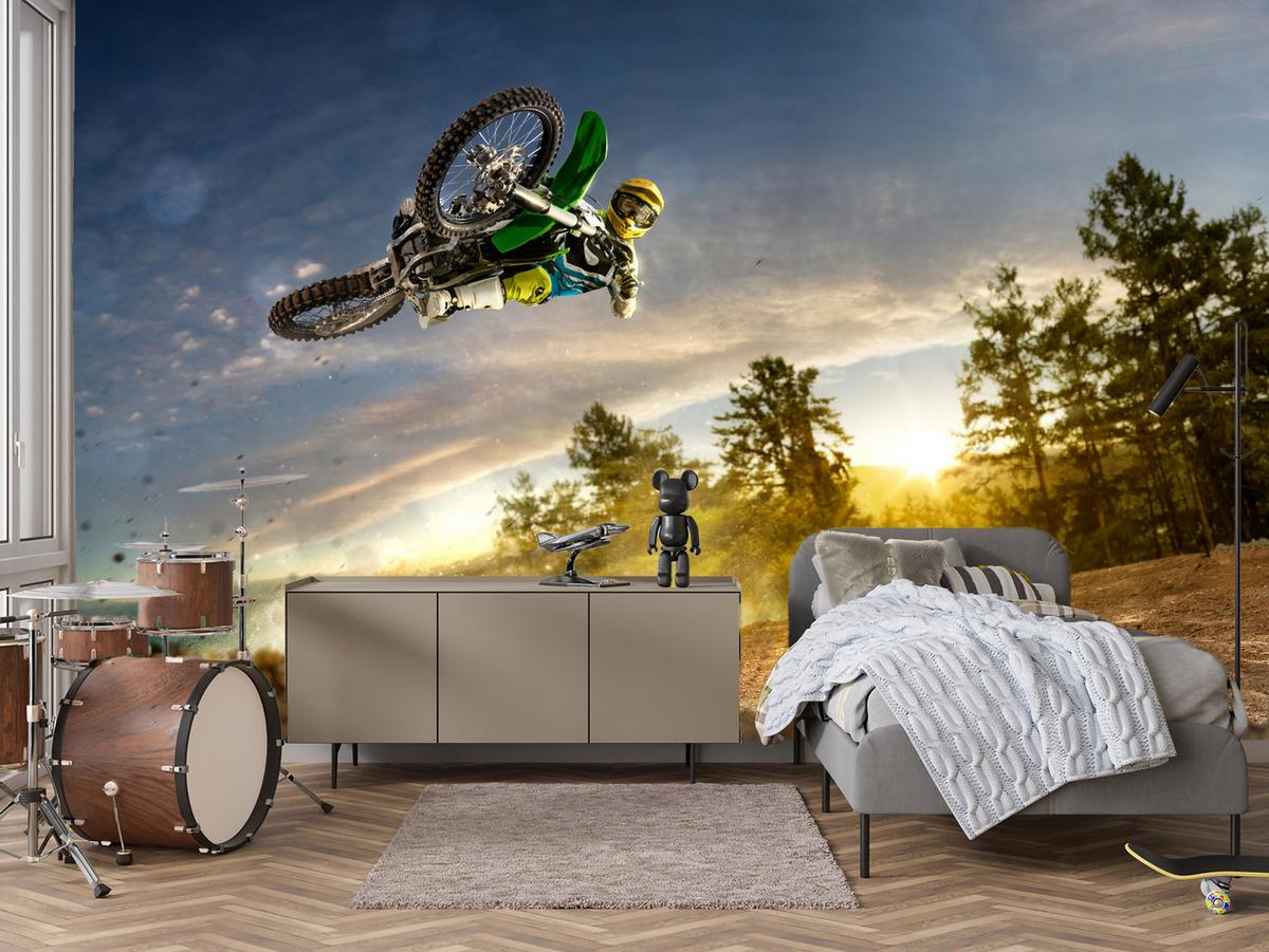 FOTOTAPETE für Jugendzimmer Motocross Sprung Berge Bäume 100x70 - Gelb/Beige, Papier (100/70cm) - Muralo
