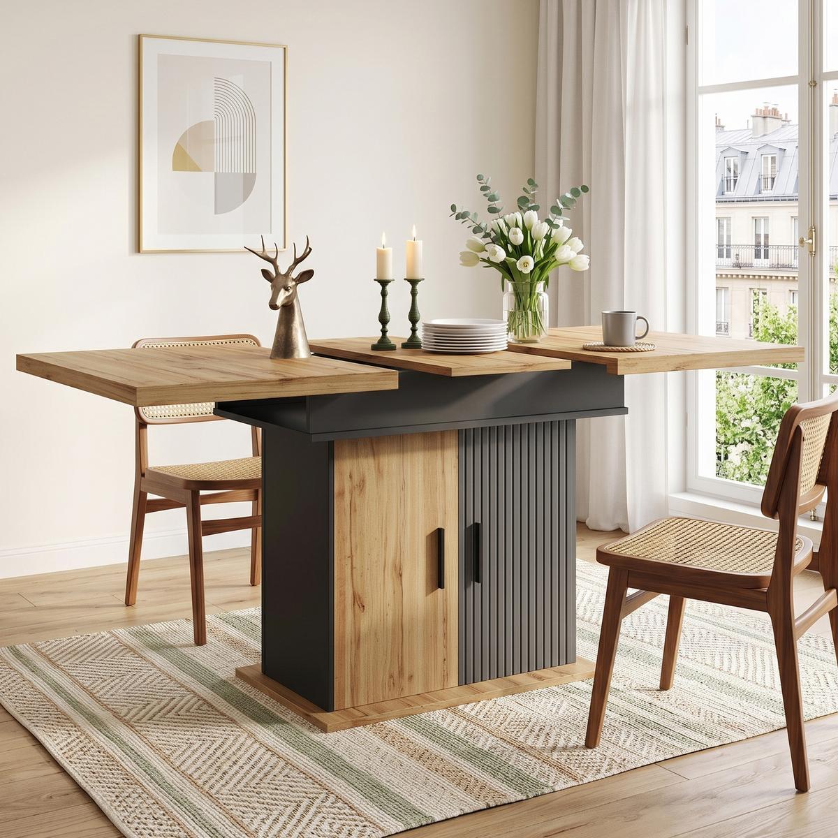 ESSTISCH Ausziehbar 110-140cm Schwarz & Natur Teleskoptisch mit Stauraum - Naturfarben, Holzwerkstoff (80/110/75cm) - Urban Meuble