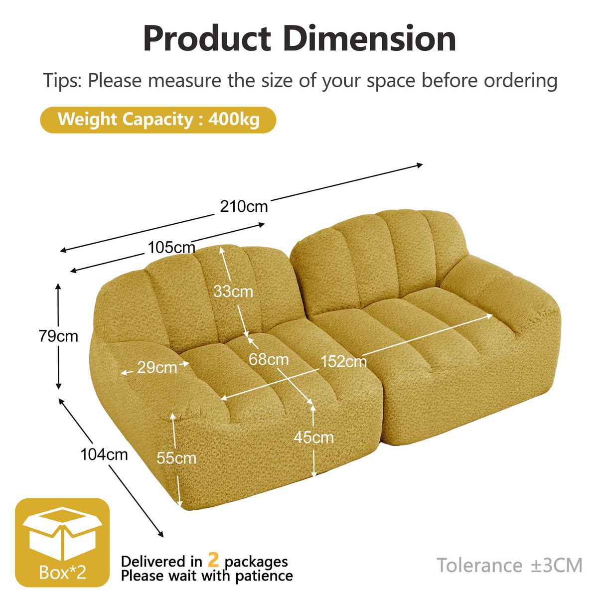 2-SITZER SOFA aus granuliertem Fleece, frameless in Muschelform ohne Montage - Gelb, Textil (210/79/104cm) - Urban Meuble