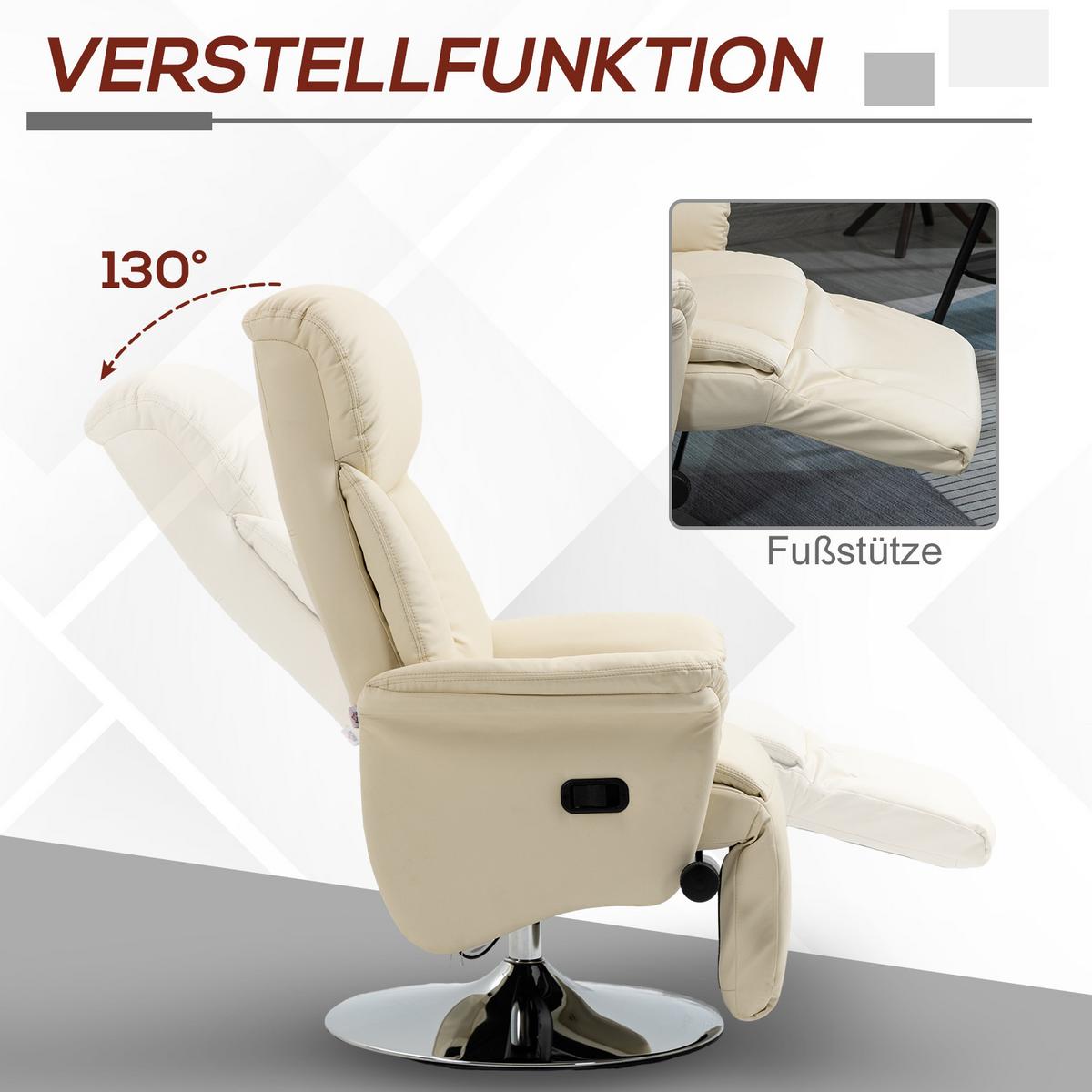 RELAXSESSEL Kunstleder Stahl Cremeweiß - Chromfarben/Creme, Kunststoff/Metall (78/109/80cm) - HOMCOM