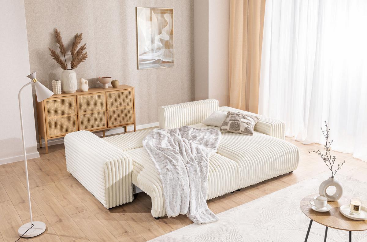 ECKSOFA Mollis Hellbeige Plüschcord - Ottomane Rechts - Beige/Schwarz, Holz/Kunststoff (255/168cm) - S-Style Möbel