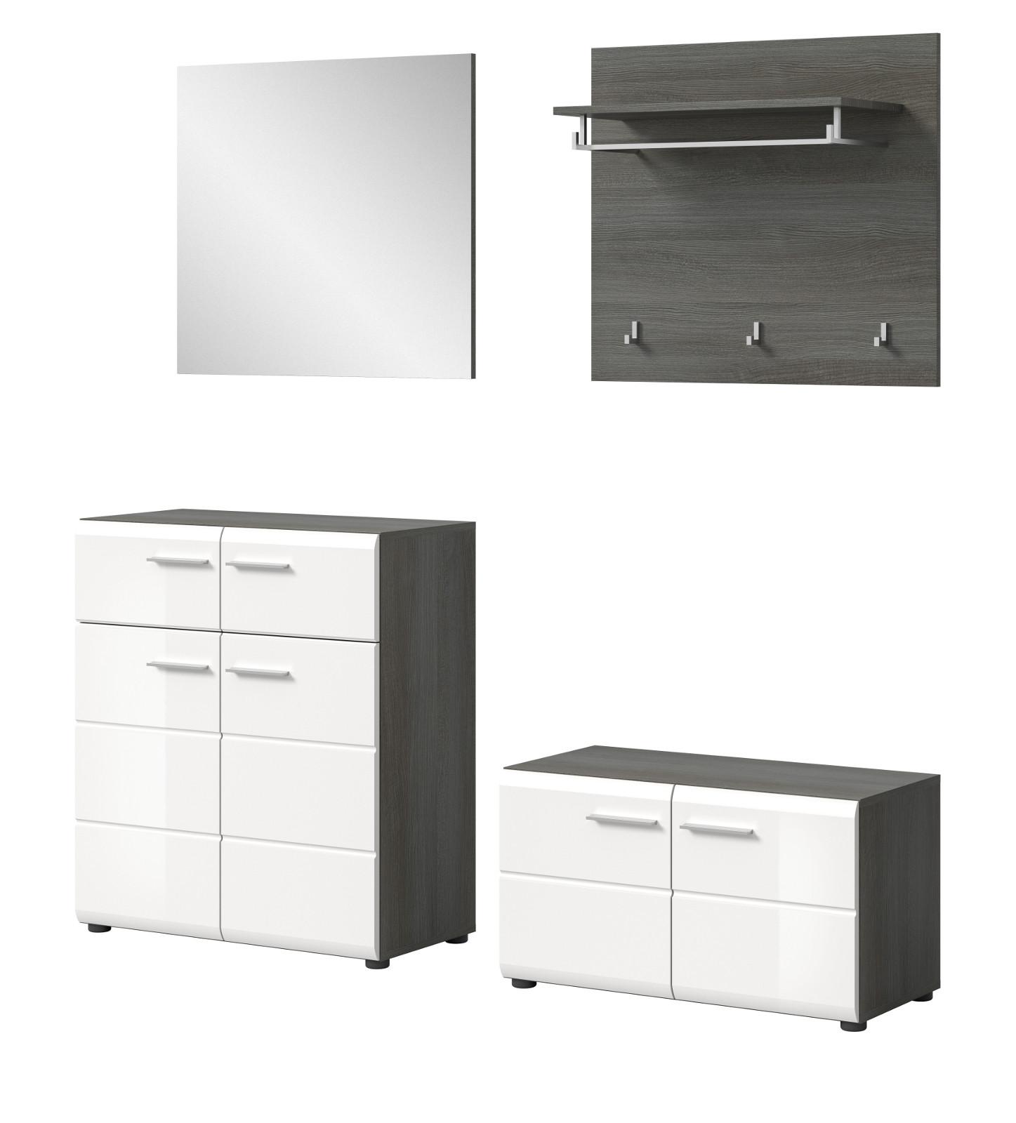 GARDEROBE Set 4-teilig weiß Hochglanz, grau 175 cm, Komplettset mit viel Stauraum - Weiß Hochglanz/Silberfarben, Glas/Holzwerkstoff (175/192/37cm) - Inn.Furn