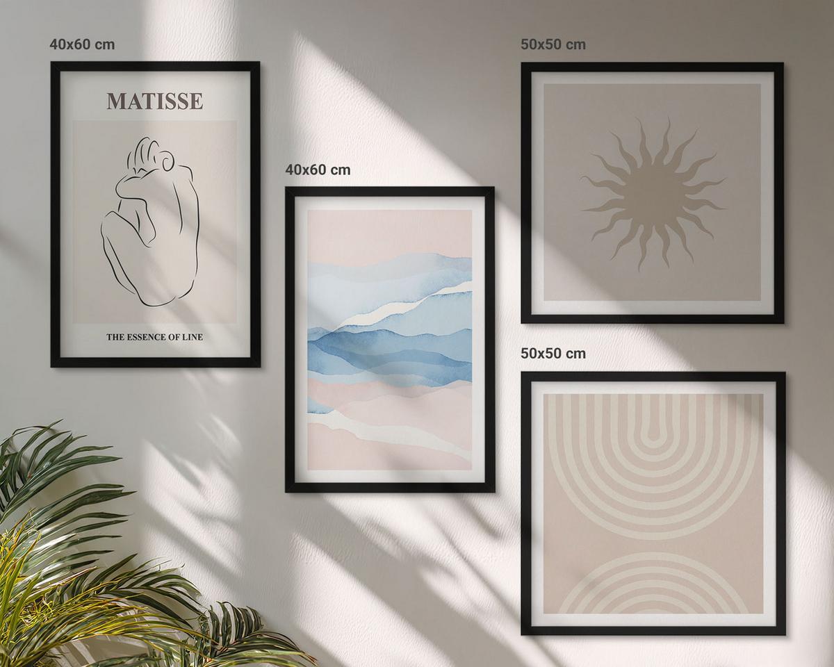 BILDER SET 4er Set - 50x50 cm & 40x60 cm Schwarzer Rahmen - Linien, Wellen, Pastellfarben, minimalistisch - Schwarz, Kunststoff (50/50cm) - TULUP
