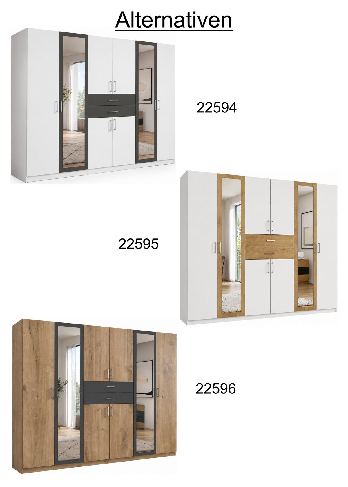 DREHTÜRENSCHRANK B270/H208/T58 cm, Eiche Dekor mit Absetzungen in Grafit, Kleiderschrank mit 2 Spiegeltüren & Schubkästen / 22596 - Eichefarben/Silberfarben, Holzwerkstoff/Kunststoff (270/208/58cm) - luma-home