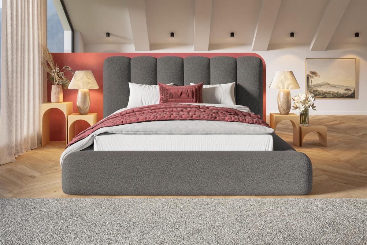 BETT 140x200 - Polsterbett mit Bettkasten und Holzrahmen - Modern Bett - Eleganter Catch Me-Stoff - Kollektion Alva Maxi - Grau - Grau, Holz/Textil (140/200cm) - Alpi-Möbel