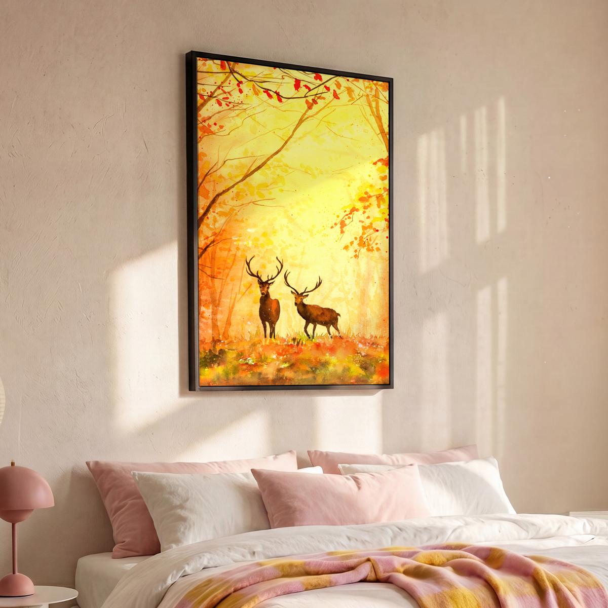 LEINWAND Bilder mit Rahmen - Natur - Ölfarbe - Hirsche - Tiere - Herbst - Orange - 90x140 - Orange, Textil (90/140cm) - MuchoWow