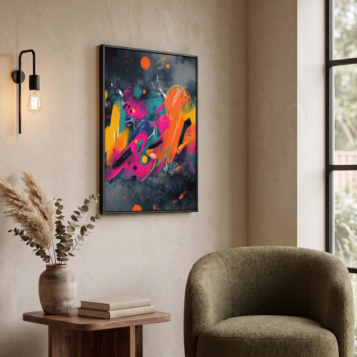 LEINWAND Bilder mit Rahmen - Abstrakt - Graffiti - Farbenfroh - Farbspritzer - 50x70 - Multicolor, Textil (50/70cm) - MuchoWow