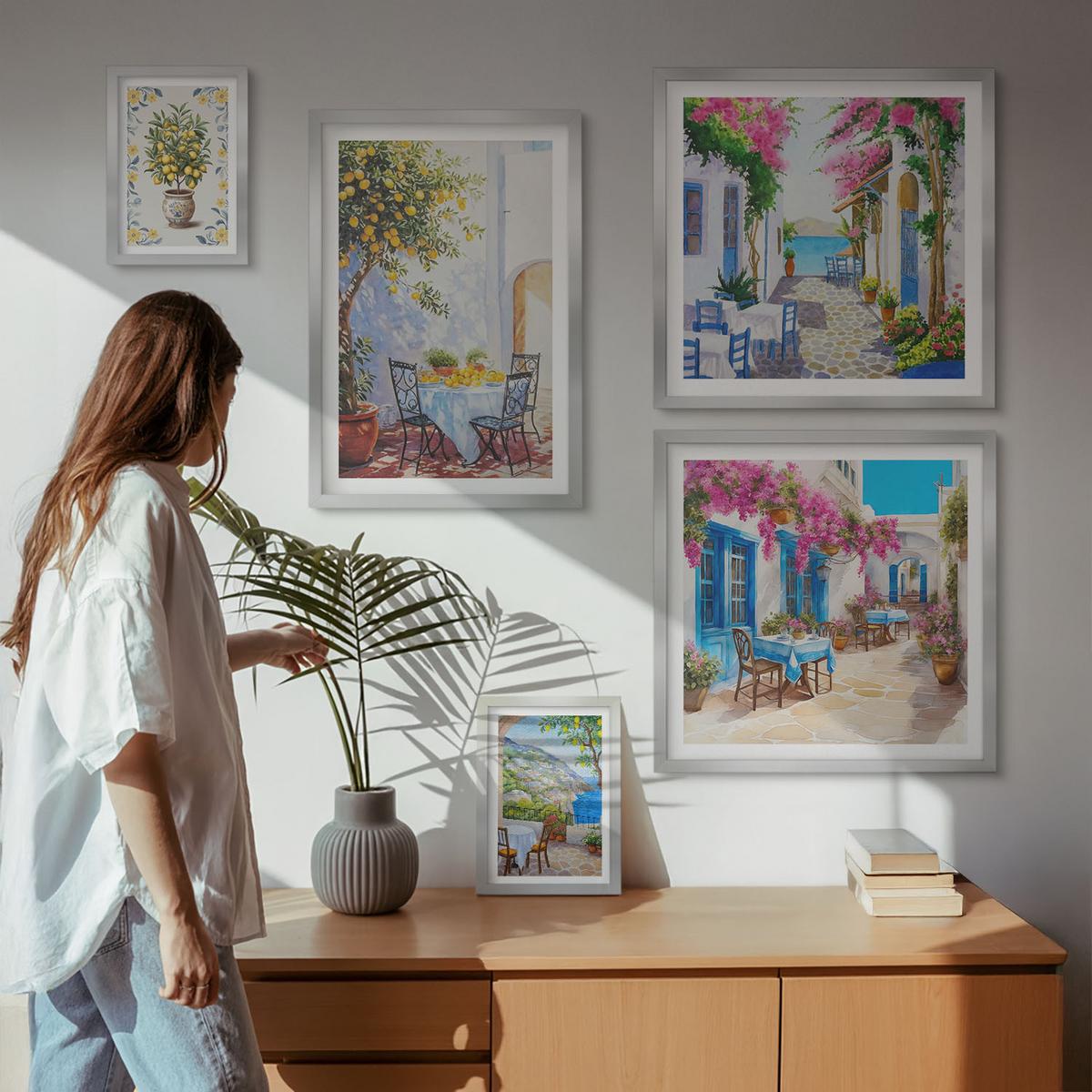 BILDER SET 5er Set - 50x50 cm & 20x30 cm & 40x60 cm Silberner Rahmen - Berglandschaften mit einem Fluss - Silberfarben, Kunststoff (40/60cm) - TULUP