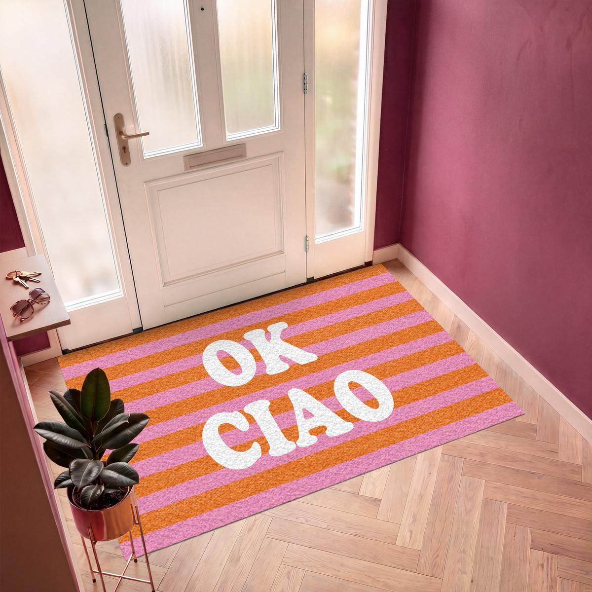 FUSSMATTE Ciao - Zitat - Streifen Sauberlaufmatte 180x120 cm - Orange, Kunststoff (180/0.4cm) - MuchoWow