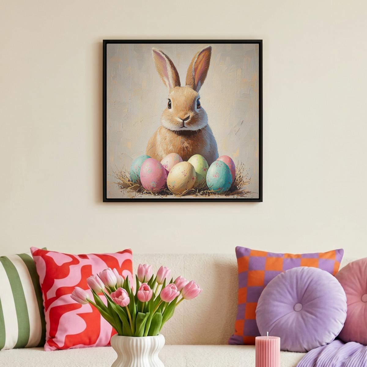 LEINWAND Bilder mit Rahmen - Osterhase - Pastell - Eier - 50x50 - Beige, Textil (50/50cm) - MuchoWow