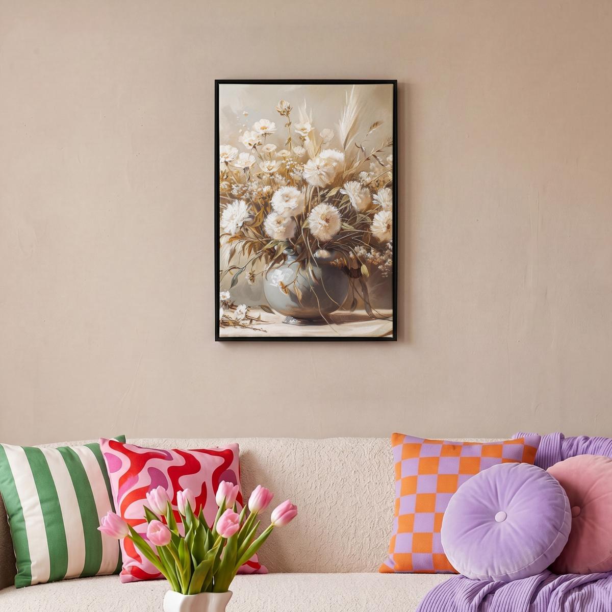 LEINWAND Bilder mit Rahmen - Blumen - Vase - Stilleben - Beige - 40x60 - Creme, Textil (40/60cm) - MuchoWow