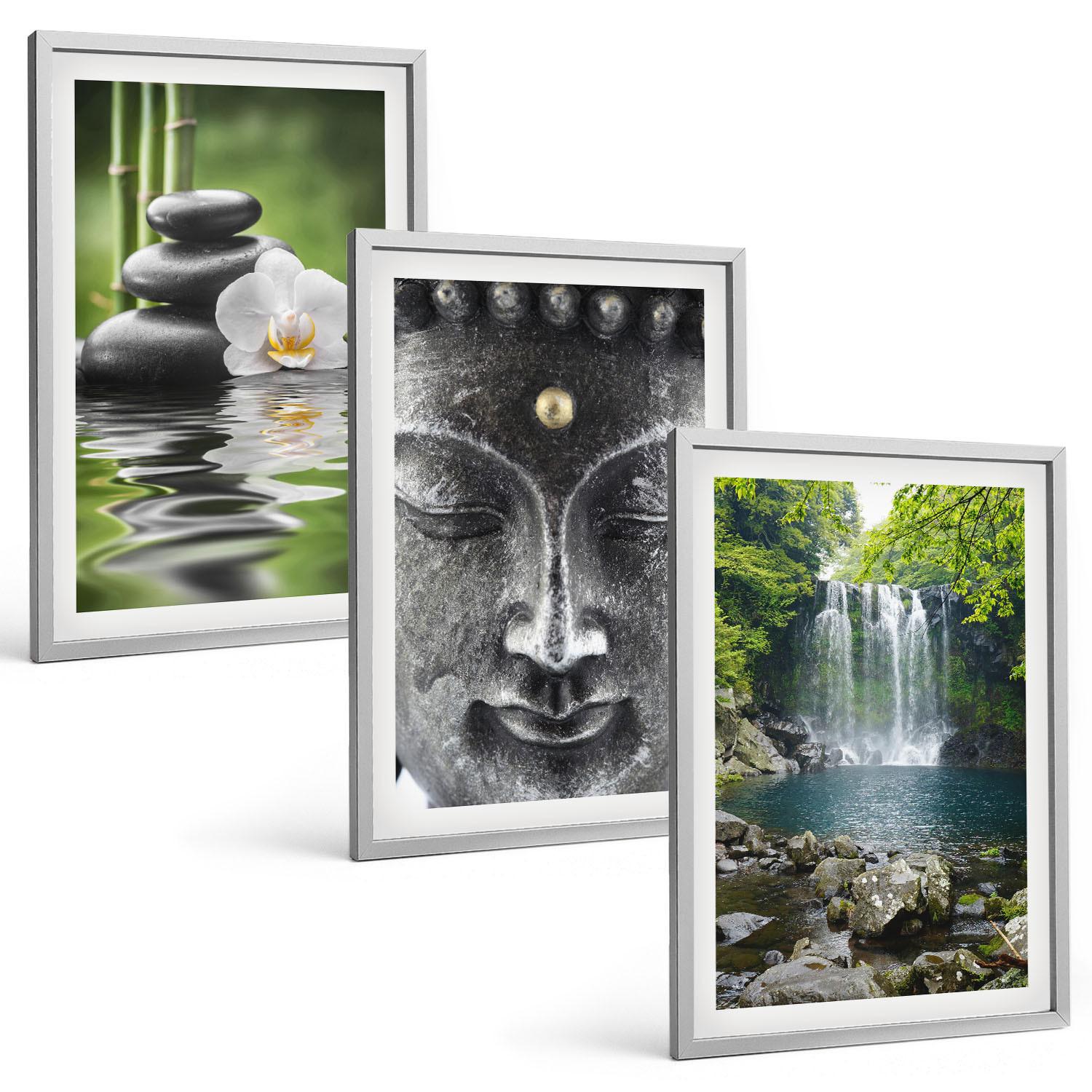 BILDER SET 3er Set - 40x60 cm Silberner Rahmen - Harmoniesteine Wasser Buddha - Silberfarben, Kunststoff (40/60cm) - TULUP